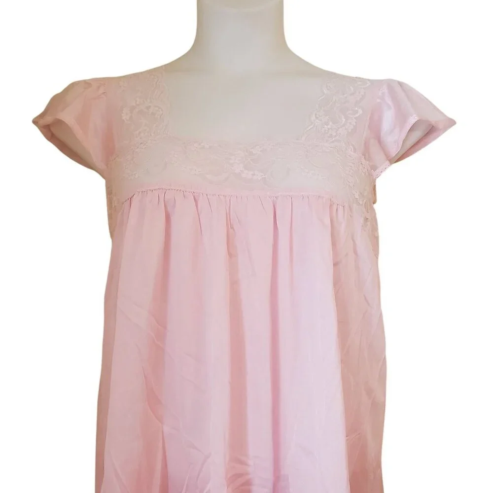 Vassarette M Pink‎ Lace Sheer Nightgown Lingerie Nylon USA Sexy Peignoir